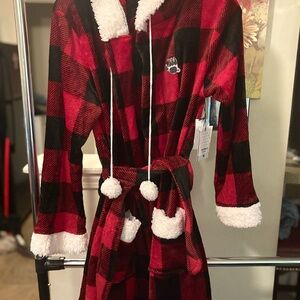 BearPaw Red and Black Plaid Hooded Robe with White Accents